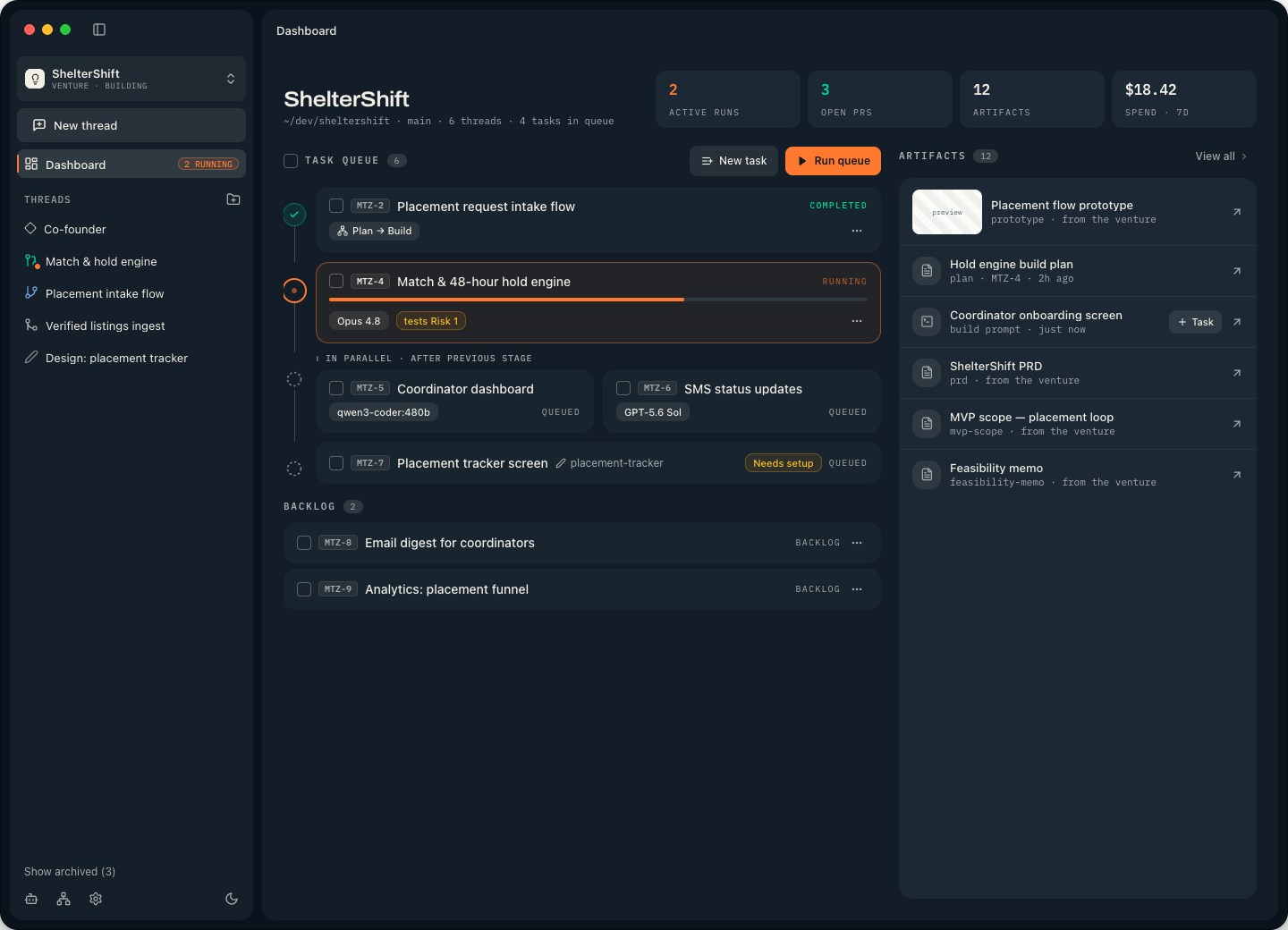Motriz project dashboard with task queue